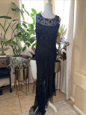 Sue Wong Black Beaded Illusion Neck Maxi Dress